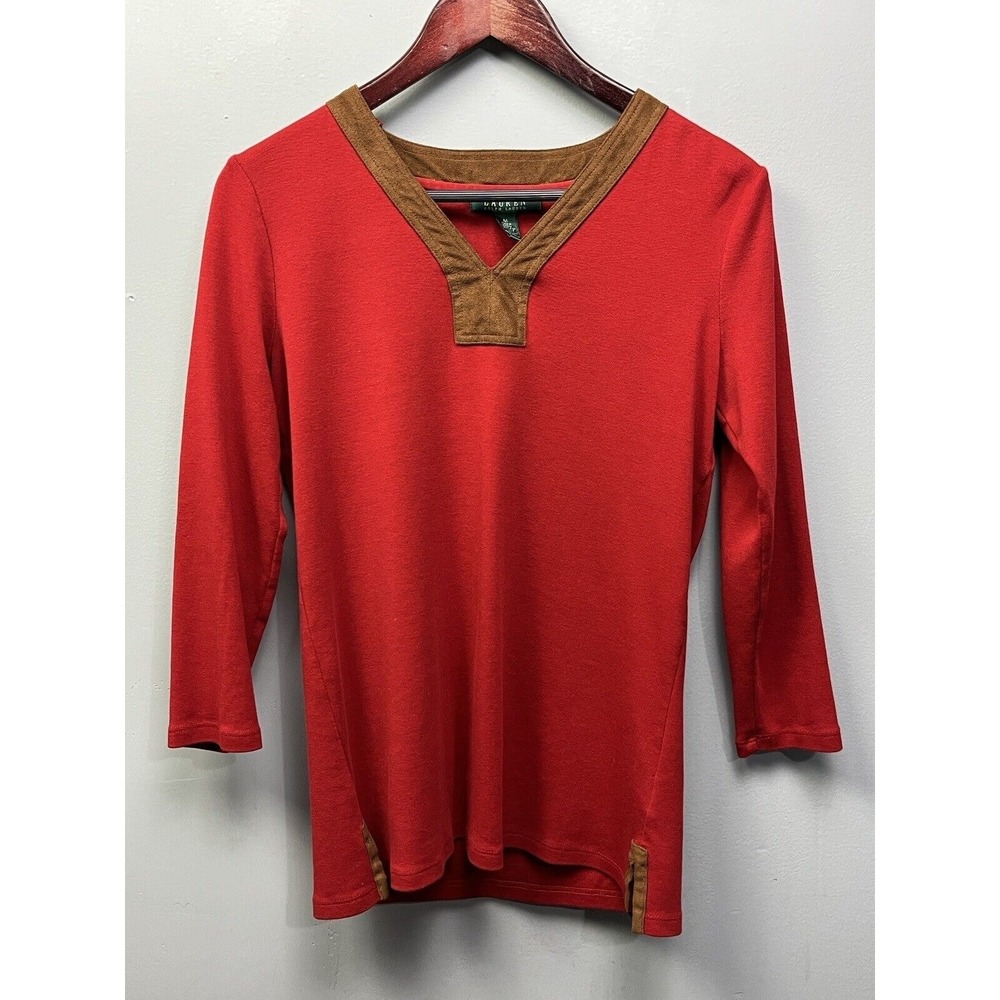 Lauren Ralph Lauren Top Womens Medium Red Suede V-Neck 3/4 Sleeve Equestrian